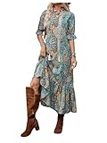 GORGLITTER Women's Western Cowgirl Country Maxi Dresses Outfit Summer Bohemian Boho 3/4 Sleeve Paisley Vintage Sundress Multicolor Medium