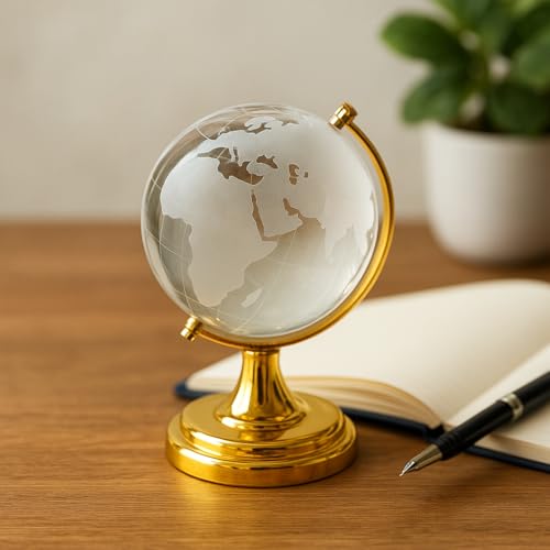 Image of Luxury Crystal Globee with Golden Stand- Elegant World Globe for Desk or Office Decor, Modern Decorative Glass Globe with Etched Continents (Gold And White, Large)