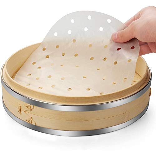 Vaporera De Bambú Premium 8 Pulgadas, Juego De Cesta De Vapor De Bambú Chino, Con Bandas De Acero Inoxidable 50 Bolsas De Vapor, Palillos, Mejor Para Dim Sum Verduras Carne