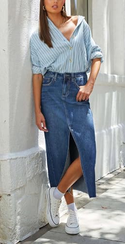 CHARTOU Women's Summer Classic High Waist Split Midi-Long Denim Jean Pencil Skirt2