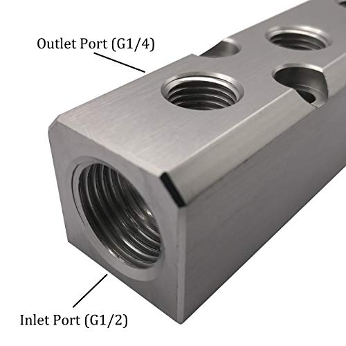 6 Way Pneumatic Manifold Air Distribution Block, G1/2 Supply Port, G1/4-Inch Output Port, Aluminum Alloy #TOP2