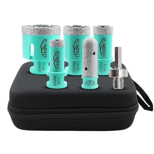 LEKOMESH Brocas Porcelanico Corona Diamante - 6piezas (20/25/35/50mm+20mm Fresa Diamante+Adaptador) Coronas para Porcelánico Cerámica Mármol Granito Piedra Cuarzo, Rosca M14