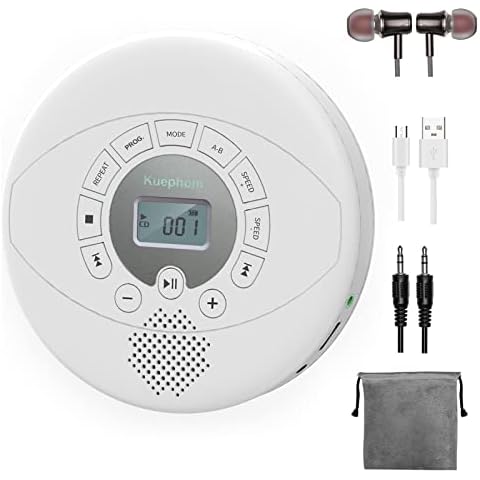 Portable CD Player, KUEPHOM Walkman CD Player with Headphones, Discman with Speaker,Anti-Skip CD Player for Car, Rechargeable 1500mAh, CD,USB disc playable with Memory, AUX in for audiobook, White Cover