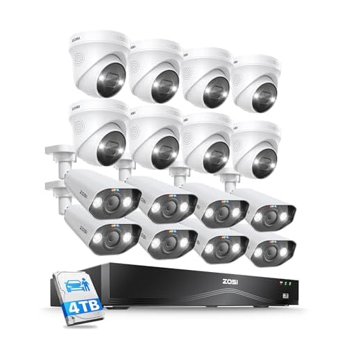 ZOSI 32 Channel 4K PoE Security Camera System,16x 8MP Outdoor Indoor Cameras,AI Human Vehicle Detection,Two-Way Talk,Color Night Vision,32CH 16 Port Commercial NVR 4TB HDD Surveillance for B