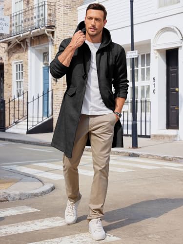 ZIWOCH Mens Trench Coat Wool Blend Hoodie Long Jacket Full Zip Winter Classic Business Overcoat4