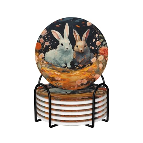 Dessous de verre en céramique lapin avec support tapis absorbant pour tasse - 2