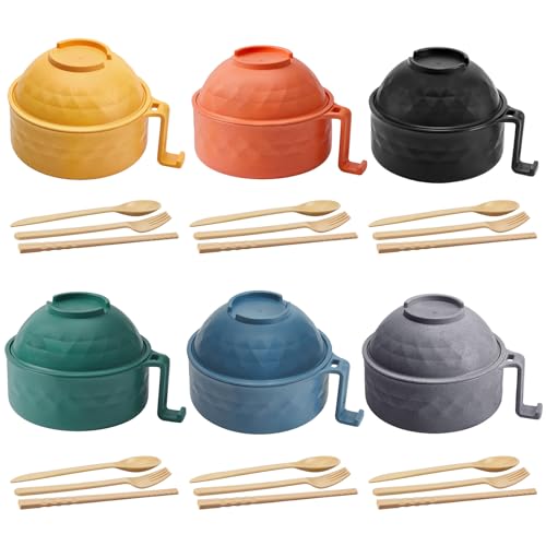 Image of Romooa 6 Sets Microwave Ramen Bowl Set 33 oz Wheat Straw Instant Ramen Cooker Set Portable Noodle Cooker with Handle Noodle Bowl with Spoon Chopsticks Fork College Dorm Room (Elegant Colors)