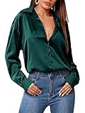 Zeagoo Silk Blouses for Women UK Satin Long Sleeve Button Down Shirt Casual Work Office Silky Green Blouse Top S