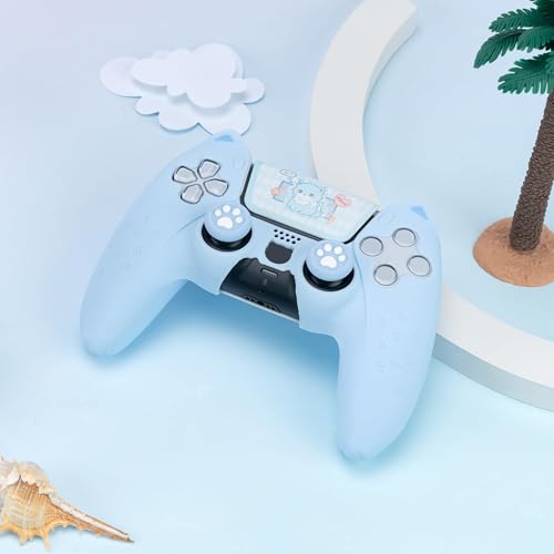 Image of GeekShare Cute Cat Paw PS5 Controller Skin Set Anti-Slip Silicone Protective Cover Skin Case for PS5 Wireless Controller with 2 Thumb Grip Caps and 1 Sticker (Blue)