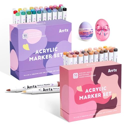 Arrtx Acrylic Paint Pens, 56 Colors for Rock Painting, Brush Tip, Pastel Color & Skin Color for Stone, Glass, Easter Egg, Wood and Fabric Painting-No Toxic,No Odor bundle Set AC 60pcs