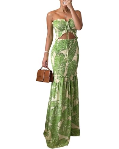 CHICME Floral Printed Prom Dress Drawstring Ruched Shirred Bandeau Party Dress Slim Fit Ruffle Hem Wedding Guest Dresses Green-S
