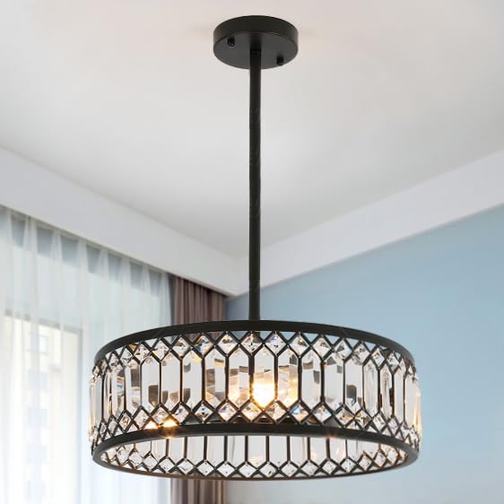 Crystal Ceiling Lights 16 Inch Modern Semi Flush Mount Ceiling Light Fixture,Farmhouse Rustic Black Chandelier for Drawing Room Bathroom Kitchen Dining Room Living Room Foyer(4 Light) Crystal-16in