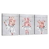 Zlove Funny Animal 3 Pieces Canvas Wall Art Pig Dancing Ballet Cartoon Piggy Picture On Wood Backgro