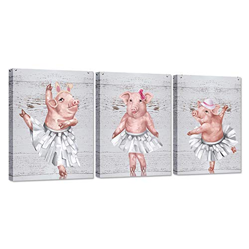 Zlove Funny Animal 3 Pieces Canvas Wall Art Pig Dancing Ballet Cartoon Piggy Picture On Wood Background Vintage Style Painting Stretched And Framed For Kids Bedroom Home Decor Ready To Hang #TOP22