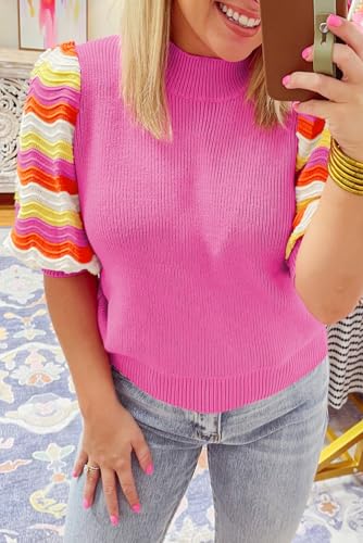 Stylish Spring Knitwear: Pink Ribbed Top with Short Sleeves and High Neckline3