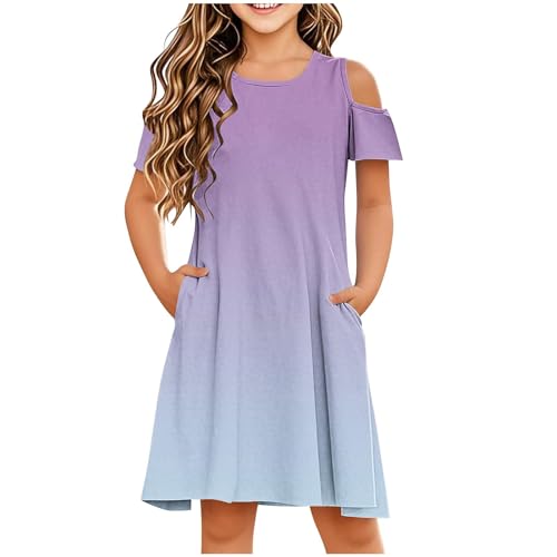 Girl's Cold Shoulder Gradient Flowy Casual Dress Summer Boho Loose A-Line Swing Midi Dresses with Pockets for 3-14 Years