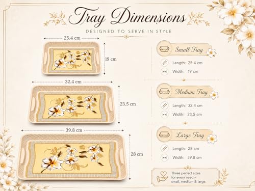 Image of 3 Pcs Plastic Serving Tray Set with Handle | Multipurpose Tea Snacks Breakfast Tray | Floral Printed Rectangular Serving Trays for Kitchen & Home (Cream Flower)