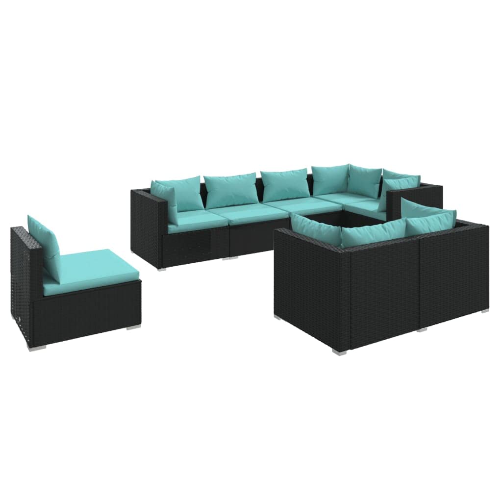 Set Divani da Giardino 8 pz in Polyrattan Modulare Nero | Salotto componibile da esterno in PE rattan con morbidi cuscini blu acqua. Ideale per relax in giardino, patio o terrazzo.