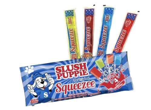 Slush Puppie The Original Squeezee Freeze Pops Ice Lolly Poles - 10 x 60mls - Red Cherry, Lemon &Lime, Strawberry and Blue Raspberry - Suitable For Vegetarian, Vegan and Gluten Free