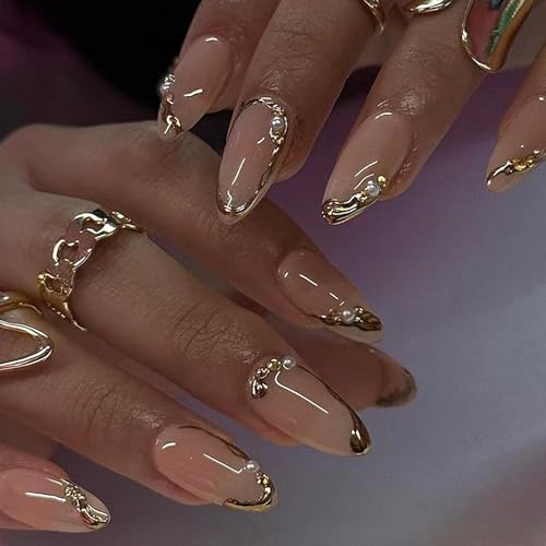 YOSOMK Nude Press on Nails Almond Shaped Fake Nails Medium Glossy Stick on Nail Natural Full Cover False Nail Acrylic Glue on Nails for Women