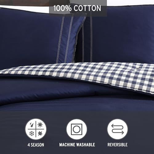 Image of Eddie Bauer - Twin Comforter Set with Sham, Cotton Reversible Bedding, Medium Weight All-Season, Dorm Room Essentials, Kingston Navy