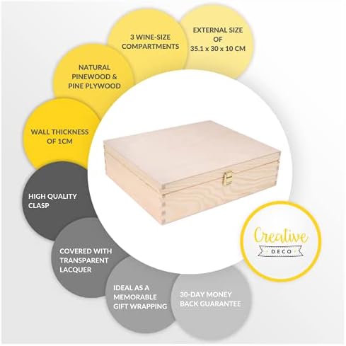Creative Deco Unpainted Wooden Wine Box Gift Storage | 3 Bottles | 35.1 x 30 x 10 cm | Natural Wood Holder | Perfect Luxury Box for Christmas, Birthday, Wedding, Valentines Day, Anniversary