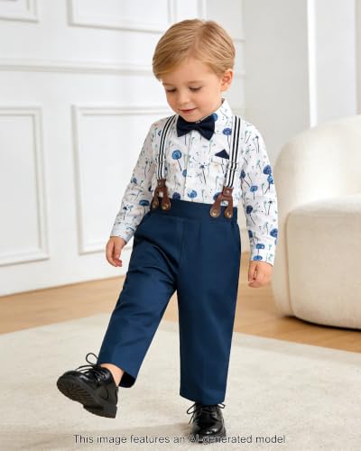Image of SANGTREE Baby Suits for Boys Gentleman Wedding Outfits Long Sleeve Dress Shirt Suspender Pants Bowtie Boy Clothes Set, 1-6T