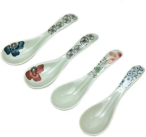 Set of 4 Ceramics Soup Spoon Hand-Painted Flower Porcelain Handle Chinese Asian Rice Spoon Appetizer Hand-crafted Tableware