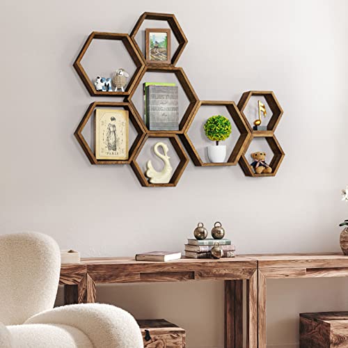 Ybing Hexagon Floating Shelves Set Of 8 Wood Hexagon Shelves Wall Mounted Honeycomb Wall Shelf For Bedroom Living Room Office Wall Decor, Brown #TOP3