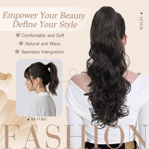 Image of 24 inch Ponytail Extension, Long Curly Wavy Claw Clip and Natural-Looking Synthetic Hairpiece, Voluminous Pony TailHair Extensions for Women Daily Wear. (Dark Brown, 24Inch)