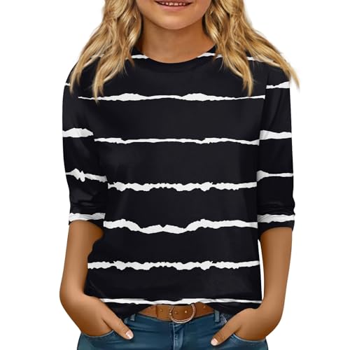 3/4 Length Sleeve Girls Tops Summer T-Shirts Striped Color Block Print Crewneck Casual Basic Tee Tops Blouse