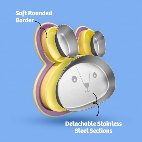Image of rabitat Happy Tummy Combo Stainless Steel 360 Training Cup Bunny Boo 390ml and Hoppy Playte Purple 430ml 3-Sectional Plate for Toddlers & Kids |2 Year Brand Warranty