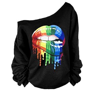 MAGICMK Woman’s Sweatershirt Lips Print Causal Blouse Off The Shoulder Long Sleeve Loose Slouchy Pullover Plus Size Tops…