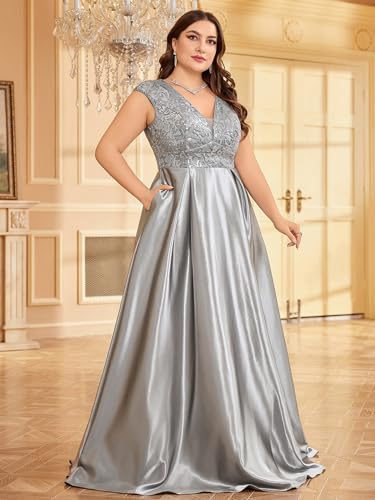 Image of Plus Size Satin Mother of the Bride Formal Gown for Wedding Sleeveless V-Neck Evening Dress