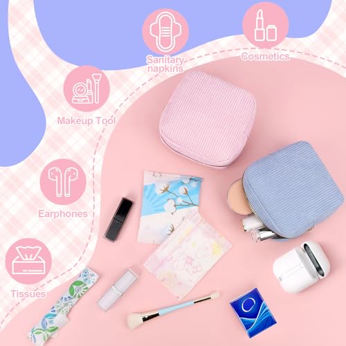 Image of Corduroy Period Pouch Small Discreet Period Bag Sanitary Napkin Storage Bag Cute Menstrual Pad Pouch Tampon Bag for Purse Portable Zipper Makeup Bags for Women Ladies Blue