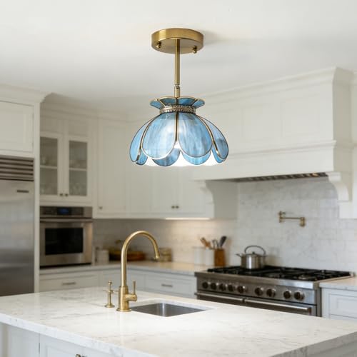 Image of Vintage Brass Ceiling Pendant Light with Stained Lotus Flower Stained Glass Shade,Oriental Hanging Lamp or Wall Sconces Dual-Purpose, for Kitchen Island Dining Room Bedroom Living Room-7.9 inch Shade