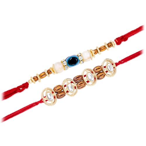 Image of Peora Evil Eye & Crystals Studded Rakhi for Brother Bhaiya | Red Thread | Raksha Bandhan Hamper with Roli Chawal Greeting Card