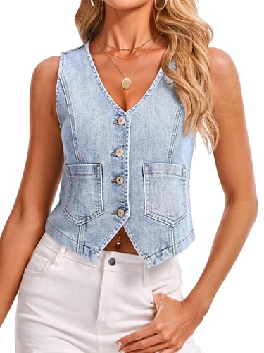 IVIR Denim Vest V Neck Jean Vest Tops for Women Sleeveless Button Down Denim Cropped with Pockets Country Outfits Light Denim Blue L