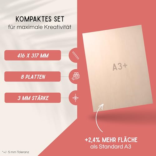EV® Sperrholzplatte 3mm - 8 Stück, A3+ Format | Italienisches Pappelsperrholz in Premium AB/BB Qualität | Hochwertige Holzplatten zum Basteln, Bemalen & Lasern