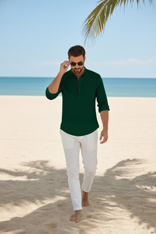 Image of Men's Cotton Blend Short Kurta with Collared Neck Full Sleeves Solid Pattern Western Style Regular Fit and Standard Length