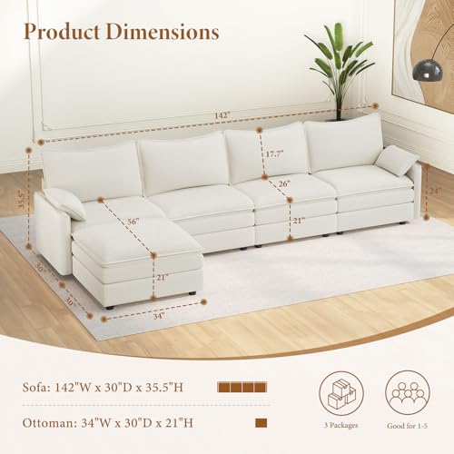 Image of Vesgantti 142 inch Cloud Couch Sectional Modular Sofa, Comfy Sectional Couch with Ottoman Deep Seat Chenille L Shaped Sofa, Modular Couches for Living Room, Bedroom and Apartment, Snow White