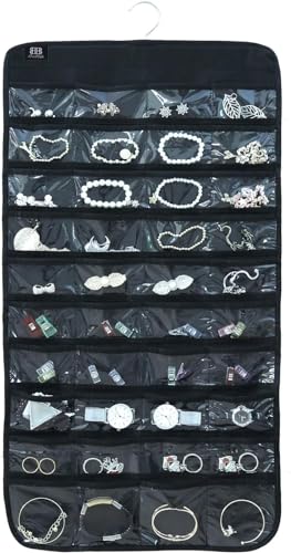 Image of Earring Organizer for Women | Hanging Jewellery Organiser with 48 Double-Sided Transparent Pockets | Earrings Holder, Necklace, Bangle Organizer | Jewelry Storage Organizer for Wardrobe Closet (Black)