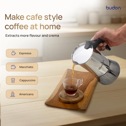 Image of Budan Moka Pot 2 Cup Stainless Steel Espresso Maker | Stovetop Coffee Maker | Works on Gas, Induction & Electric Stove | Durable Steel Body