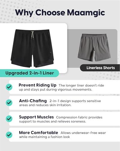 Image of maamgic Mens Workout Shorts 2 in 1 Stretch 5 inch / 7 inch Gym Shorts Running Shorts with Compression Liner Zip Pocket