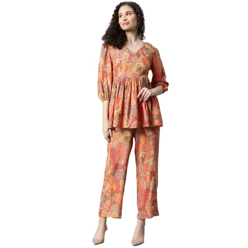 Image of DEEBACO Women's Abstract Print Rayon Top & Pants Co Ord Set for Women V Neck 3 /4 Puff Sleeve Ladies Party Casual Wear Fashionable for Girls Loose Fit Cord Set (Multicolor)
