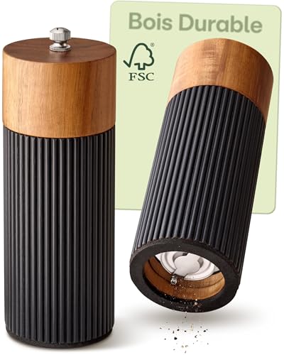 Praknu Moulin à Poivre et Sel Manuel – Bois d’Acacia FSC® – Design Élégant avec Mécanisme en Céramique – Réglable et Durable – Noir – Petit