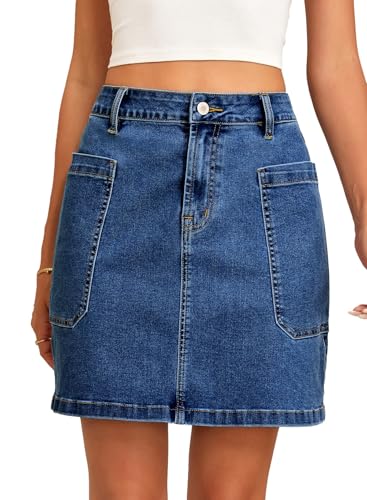 Sidefeel Women's Jean Skirt High Waisted Stretchy Casual Denim Above Knee Skirts with Patch Pockets Dark Blue Medium