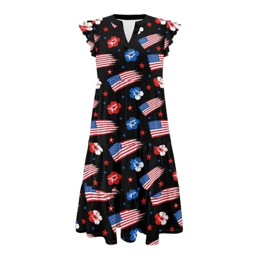 Image of Women's Casual Ruffle Sleeve Dress V Neck Pullover Dress Flowy A-Line Pleated Lightweight Dress with Pockets