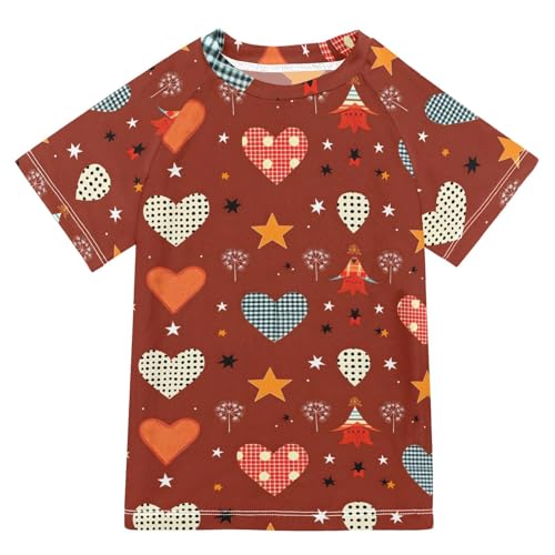 ALAZA Kids Rash Guard Boys Toddler Swim Shirts Short Sleeve Hearts Red Patch UPF 50+ 3T