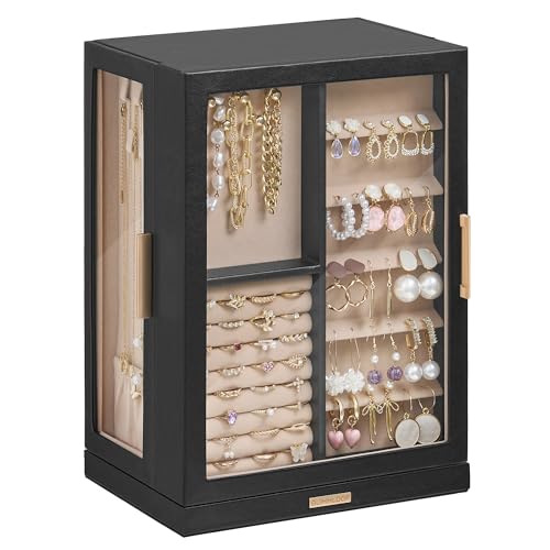 Glimmloop 360° Rotating Jewelry Box with 7 Drawers, Spacious Vertical Jewelry Organizer with Glass Window, Jewelry Storage Case, Dustproof & Moisture-resistant Design, Black